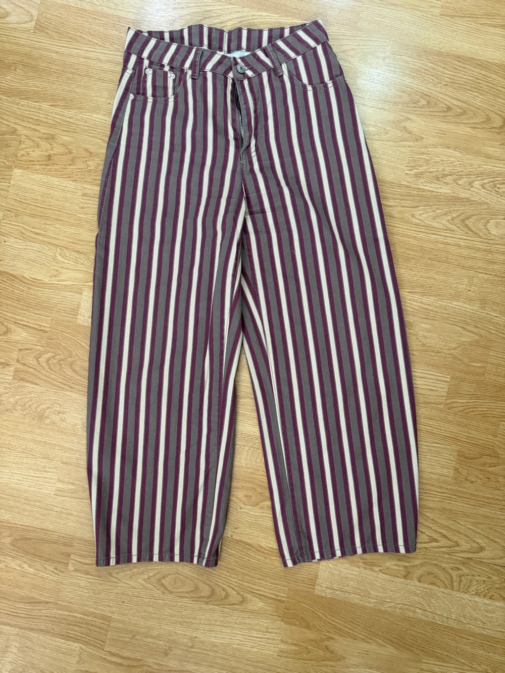 Striped Burgundy Brown Cream Barrel Jean